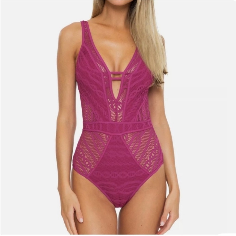 Becca Crochet Plunge One Piece Two Tone Hot Pink and Maroon Lace Swimsuit